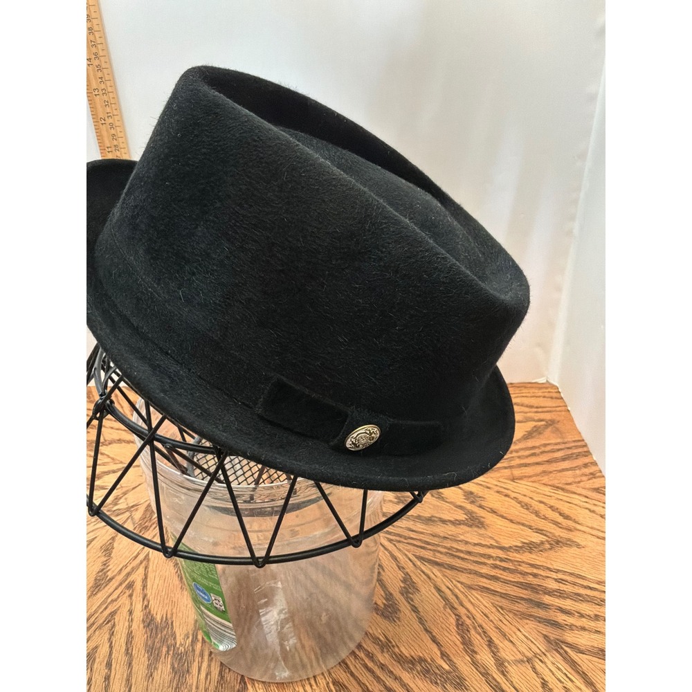 Vintage Mens Knox Premier‎ Fedora Hat 7 3/8 Black Stingy Brim Gold Crest Button